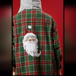 NEW Plaid Shacket Hoodie with Sequin Santa on Back